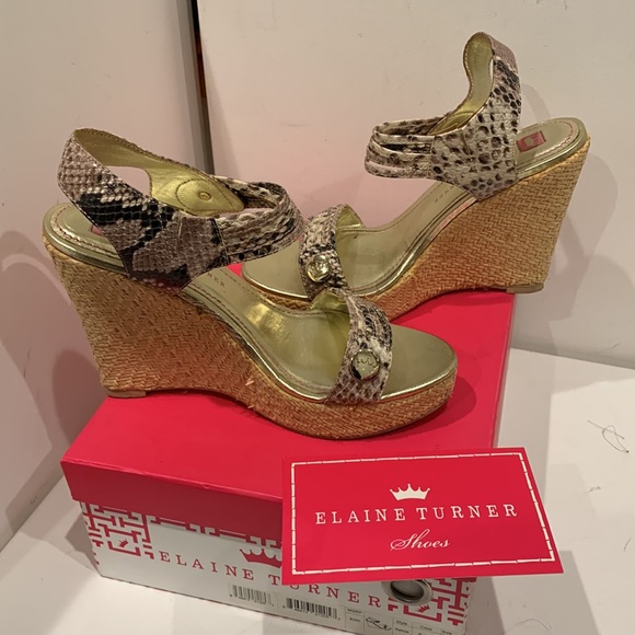 NWB 👑 Elaine Turner Kelcie Leather Raffia Wedge Platform Sandal Tan Gold Black - Picture 4 of 15